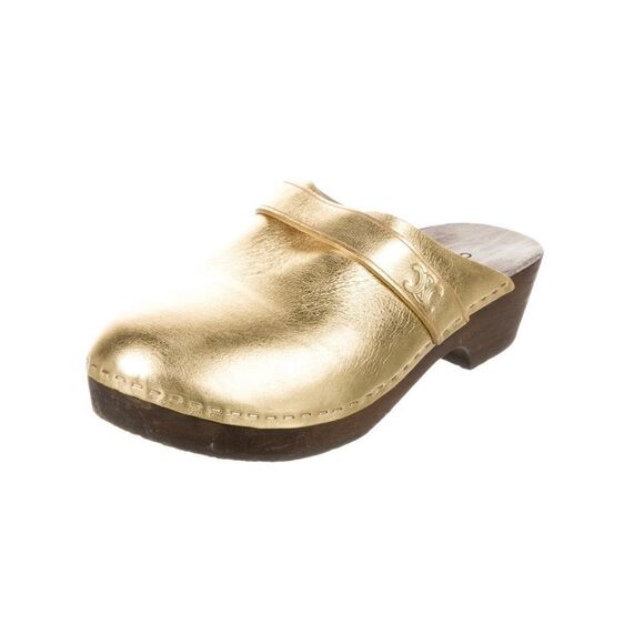 Celine Gold Leather Clogs with Embossed Triomphe Logo - Picture 2 of 4